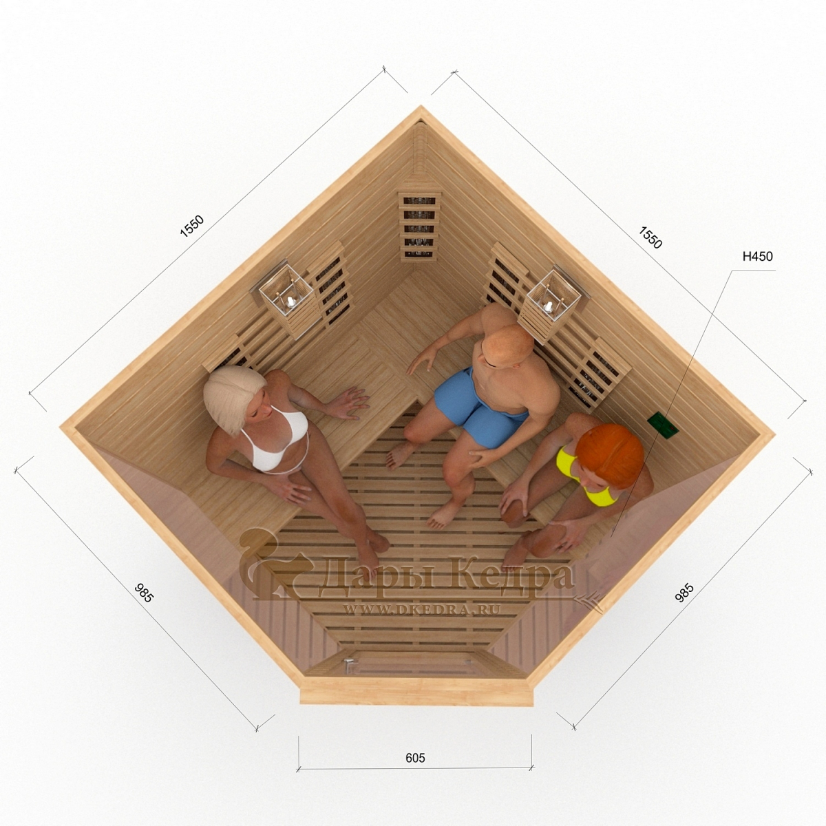 Трёхместная угловая инфракрасная сауна кабина из кедра с керамическими излучателями